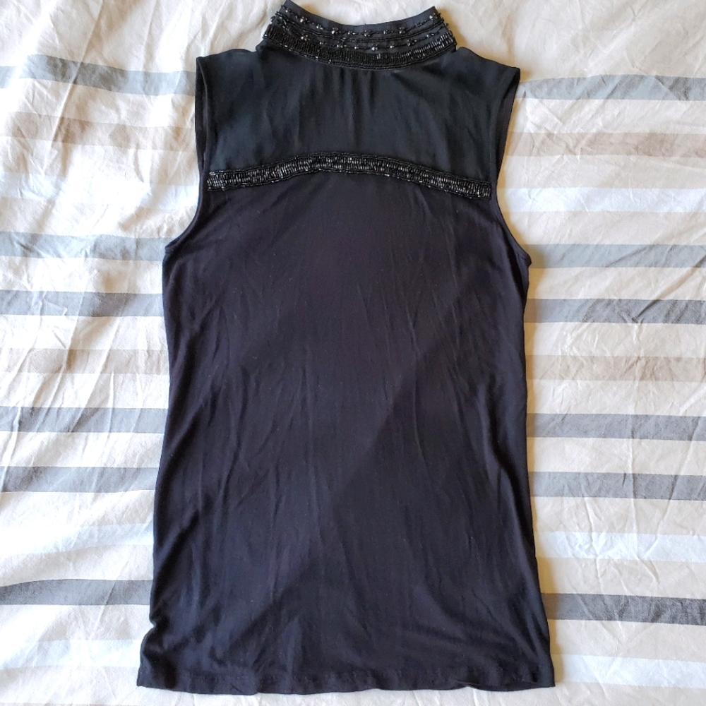 Beaded, Sheer Mock Collar Sleeveless Top